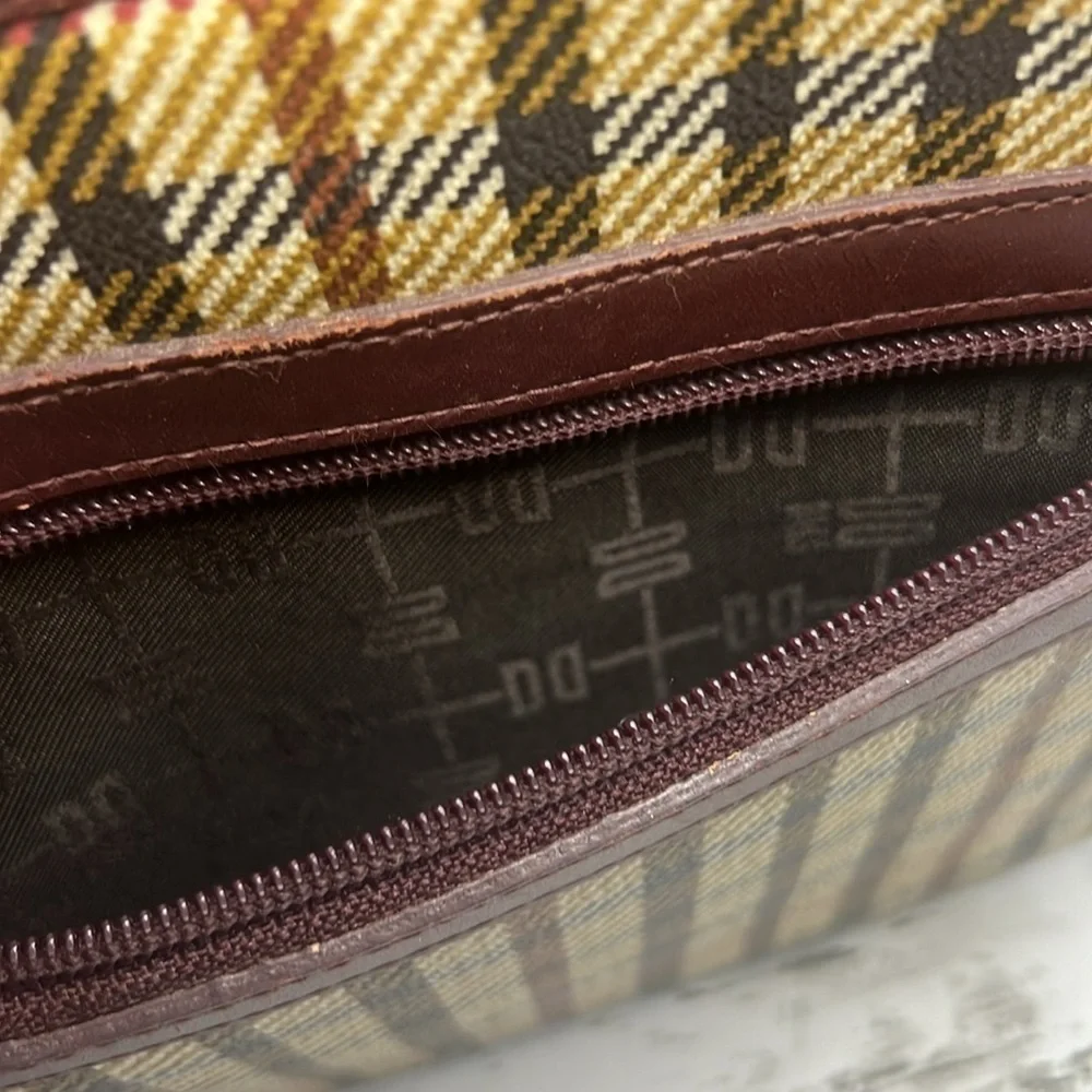 DAKS Vintage Plaid Structured Tote Satchel Burgundy Leather Trim